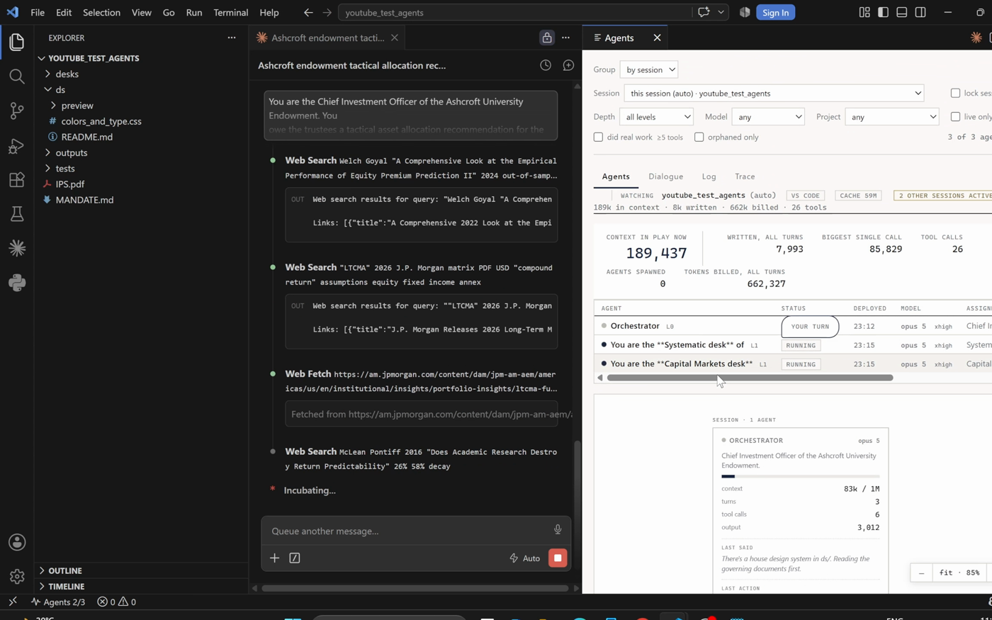 Desk cards with context, turns, tool calls and last action
